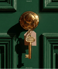 Brass key on a deep green door